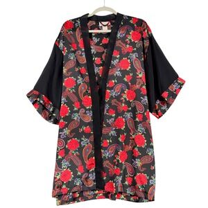 Delicates Robe‎ Kimono Floral Paisley Roses Black Red Women's Size Small